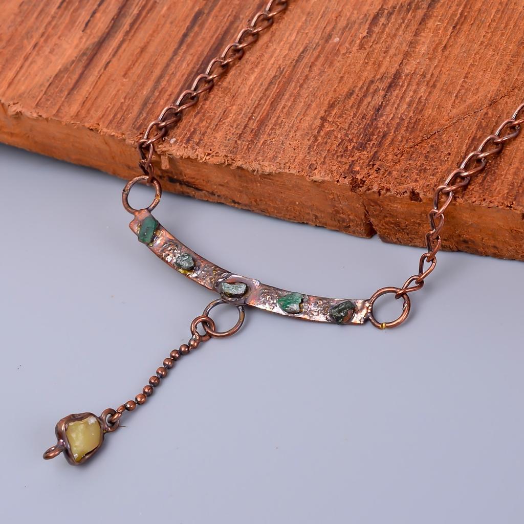 Ethiopian Opal Stone Copper Electroformed Sisters Day Chain Handmade Necklace V-78