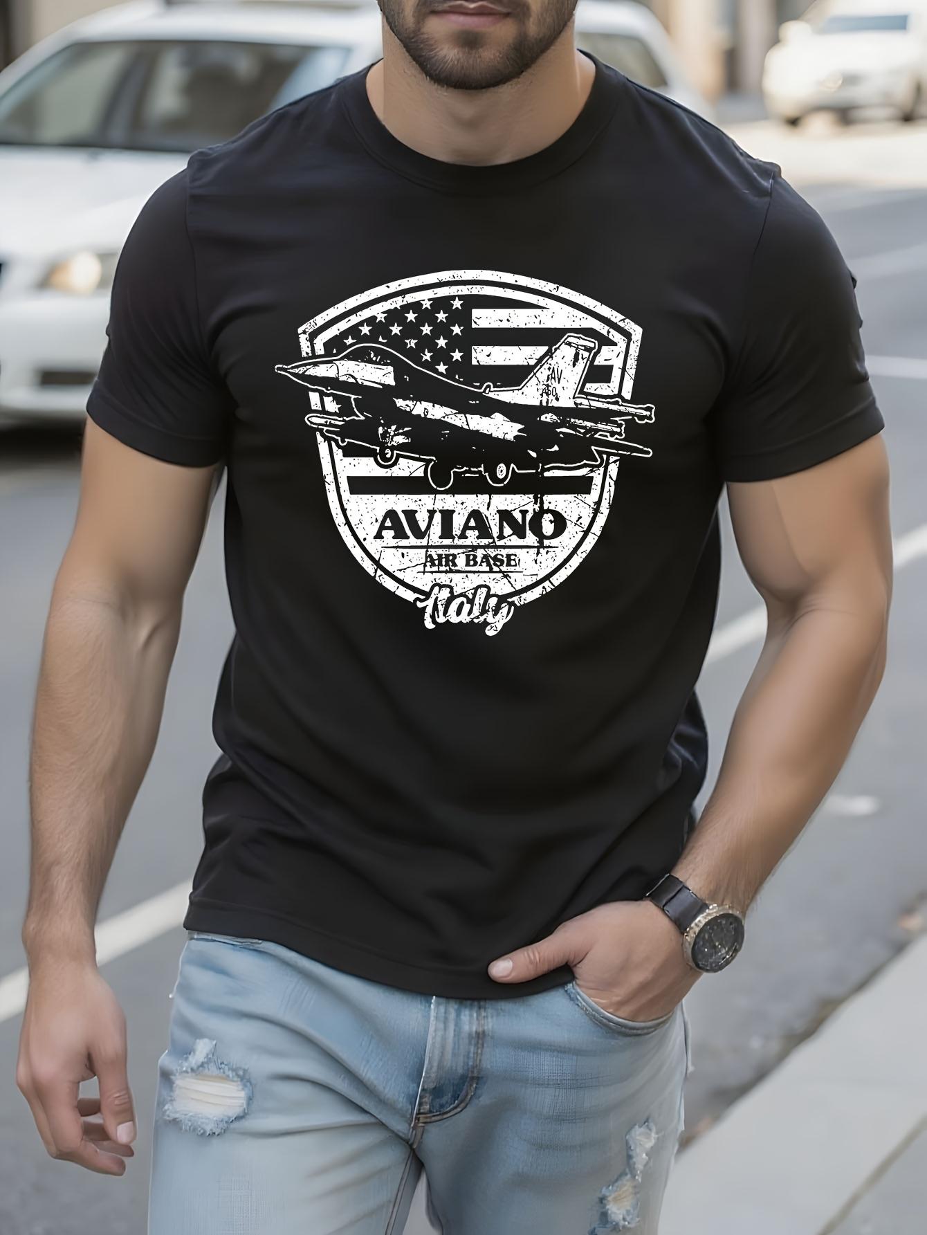 Aviano Air Base USAF Italia Retro Military Graphic - Black with American Flag & F-16 Jet Design T-shirt M
