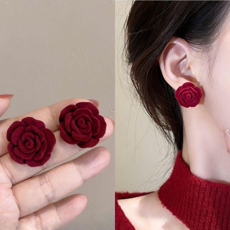 Retro Wine Red Flocked Rose Camellia Stud Earrings in S925 Sterling Silver