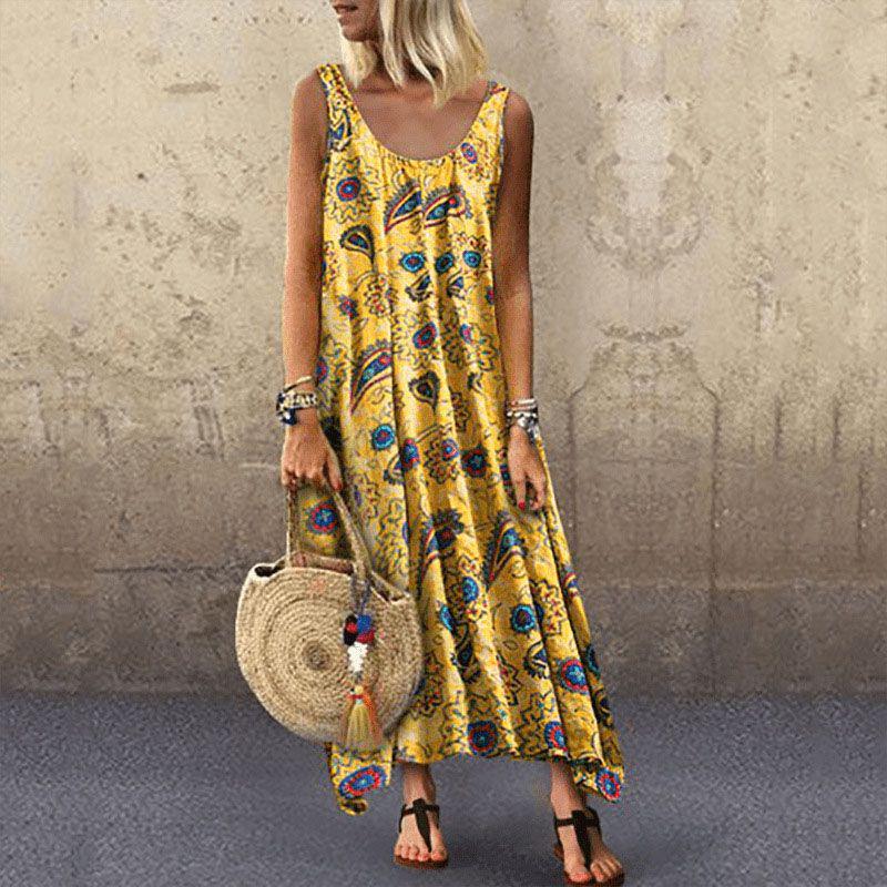 

Women Sleeveless Summer Holiday Long Boho Kaftan Tank Dress Beach Sundress Maxi Yellow,XL