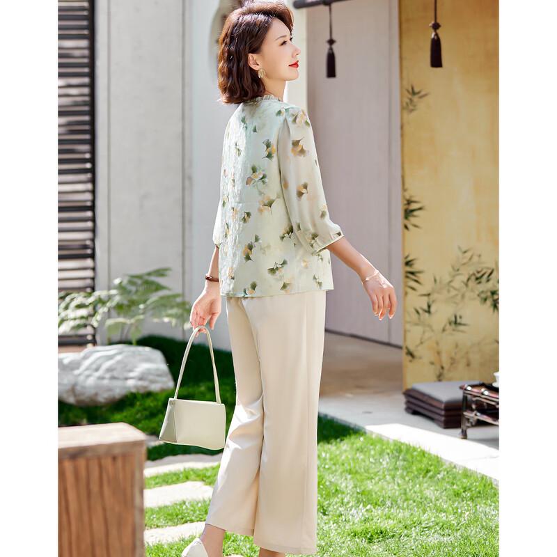 Pasite Women's Summer Floral Print 7-Sleeve Blouse & Pants Set