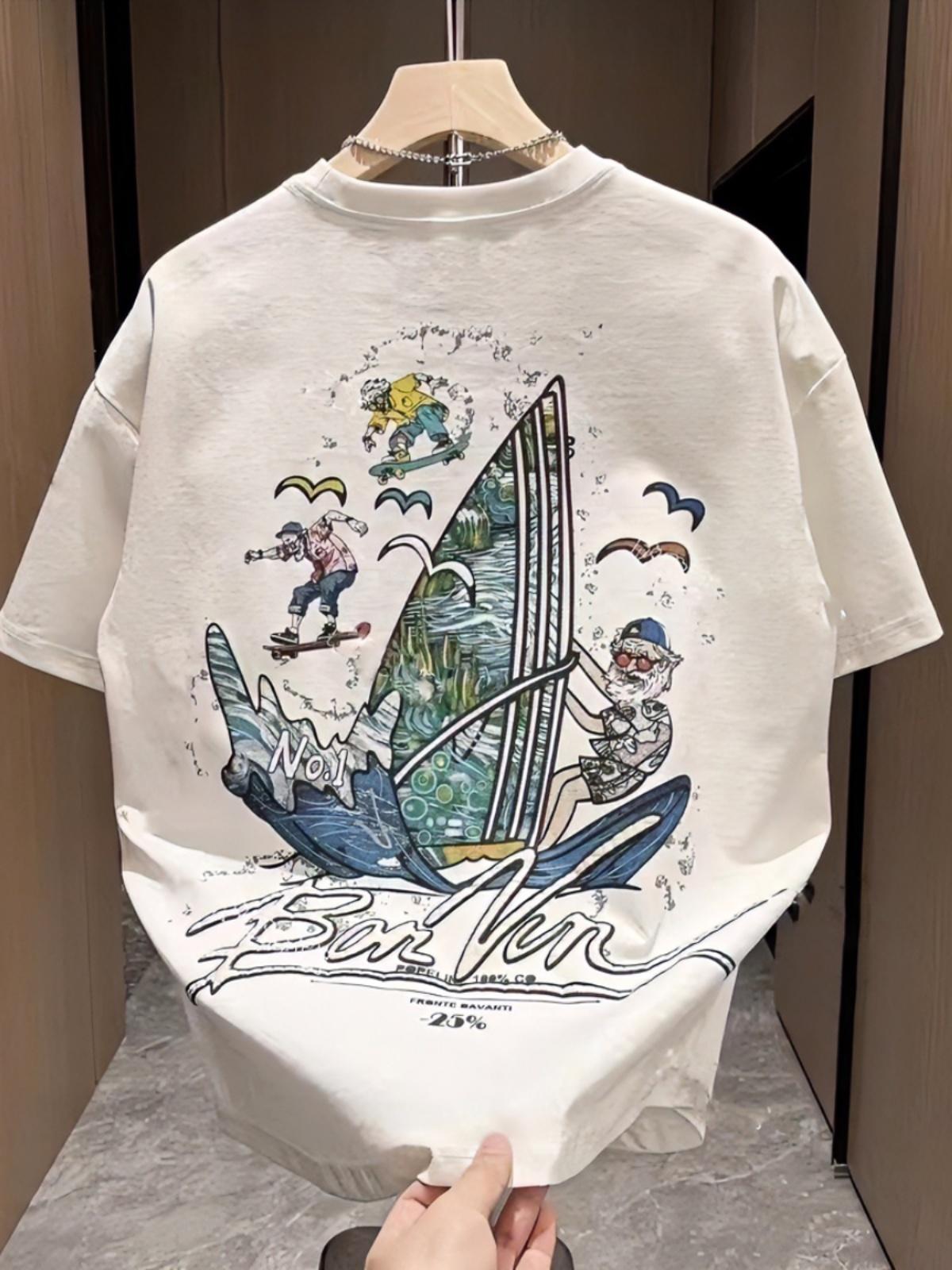 

Trendy brand casual short-sleeved t-shirt men s summer fashion versatile embroidered sailing crew neck half-sleeved top S