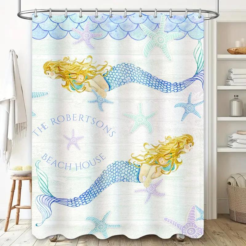 "Mermaid Beach House Shower Curtain, Waterproof & Mildew-Resistant Bath Curtain with Ocean Theme for Coastal Home Decor"