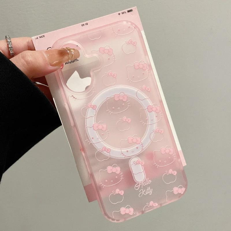 Cute Sanrio Hello Kitty Magnetic Magsafe Wireless Charge Phone Case For iPhone 17 16 15 14 13 Pro Max Mirror Grip Holder Cover