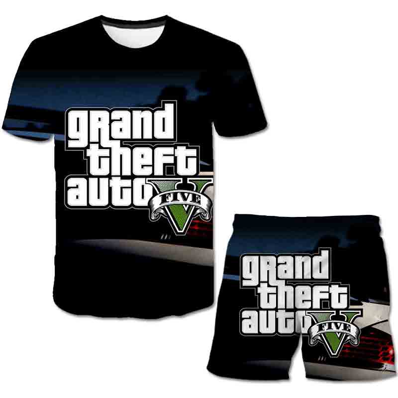 Summer Children Game GTA 5 Clothes Sports Clothes For Baby Girl Boy Tshirts 2 Piece Set Kids Baby Children 1-14 Years Clothing