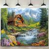 1pc Log Cabin Mountain Waterfall Polyester Background Fabric - Rock Stream  Pine Tree  Wildflower Design - Home decoration