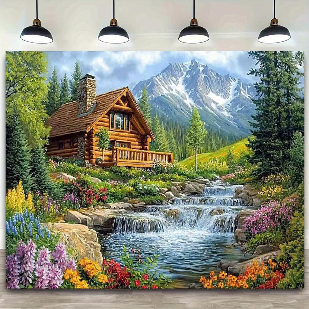 1pc Log Cabin Mountain Waterfall Polyester Background Fabric - Rock Stream Pine Tree Wildflower Design - Home decoration