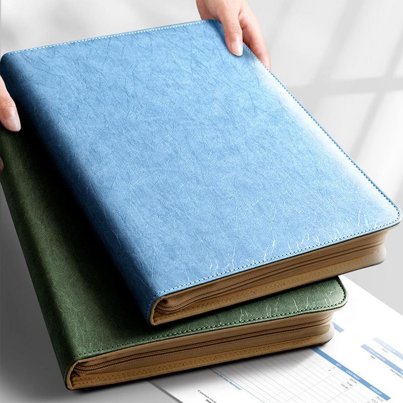 Multifunctional Leather Folder Large capacity zipper file bag clutch PU briefcase with A4 notepad and binder Travel storage bag