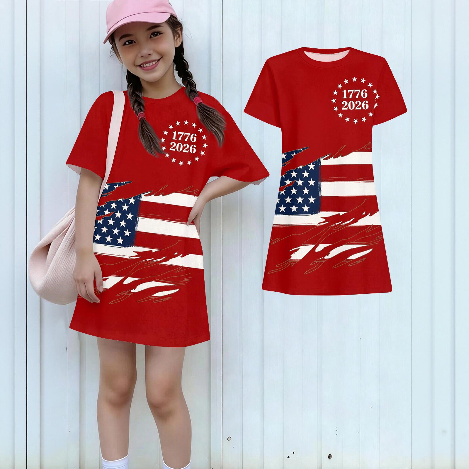 

Girls Independence Day Print Casual Dress Kids Loose Round Neck Short Sleeve Thin Sundress 120