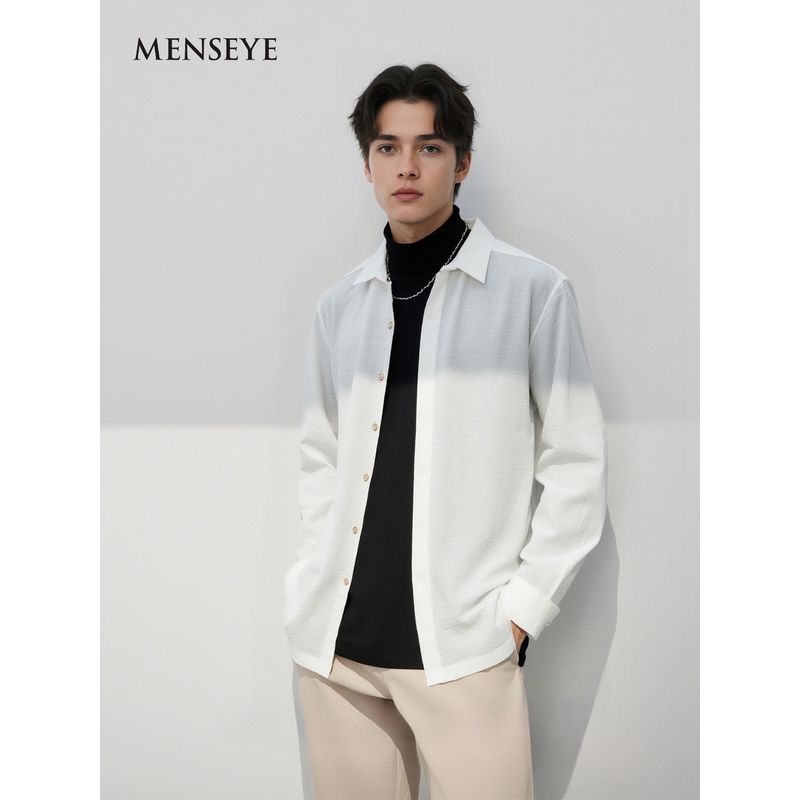 Menseye Men's Long-Sleeved Shirt, White Suit Collar, Light Business Style, Original Versatile Texture, Casual
