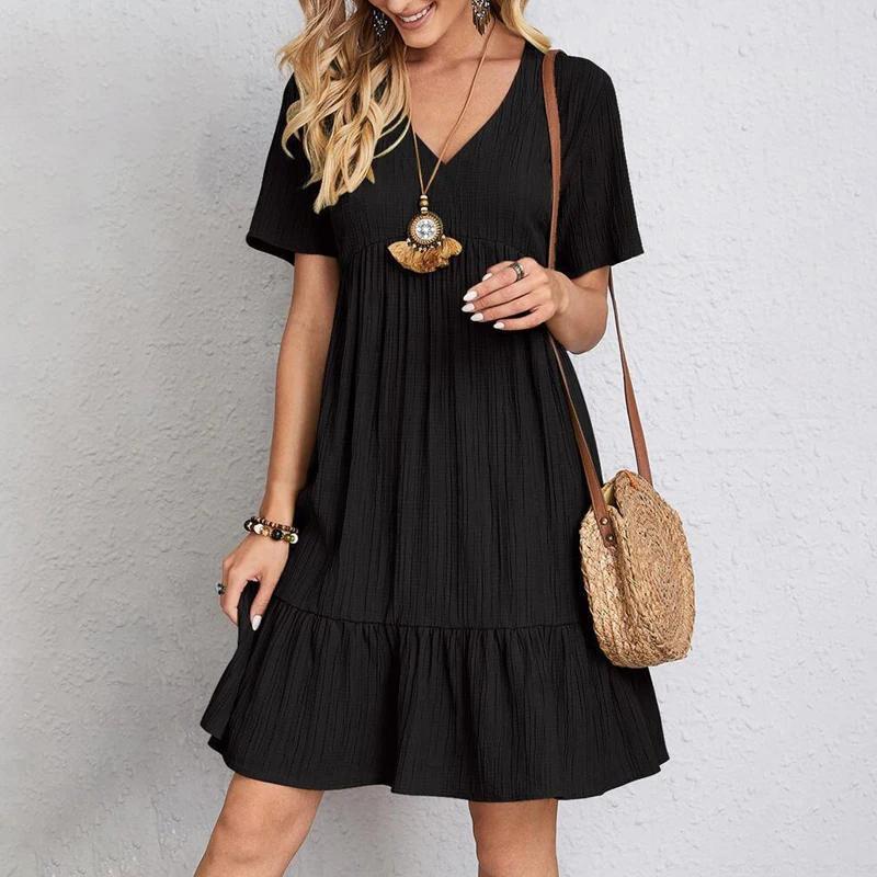 2026Summer Women's Loose Casual Short-sleeve Dress In Solid Color V Collar Dress