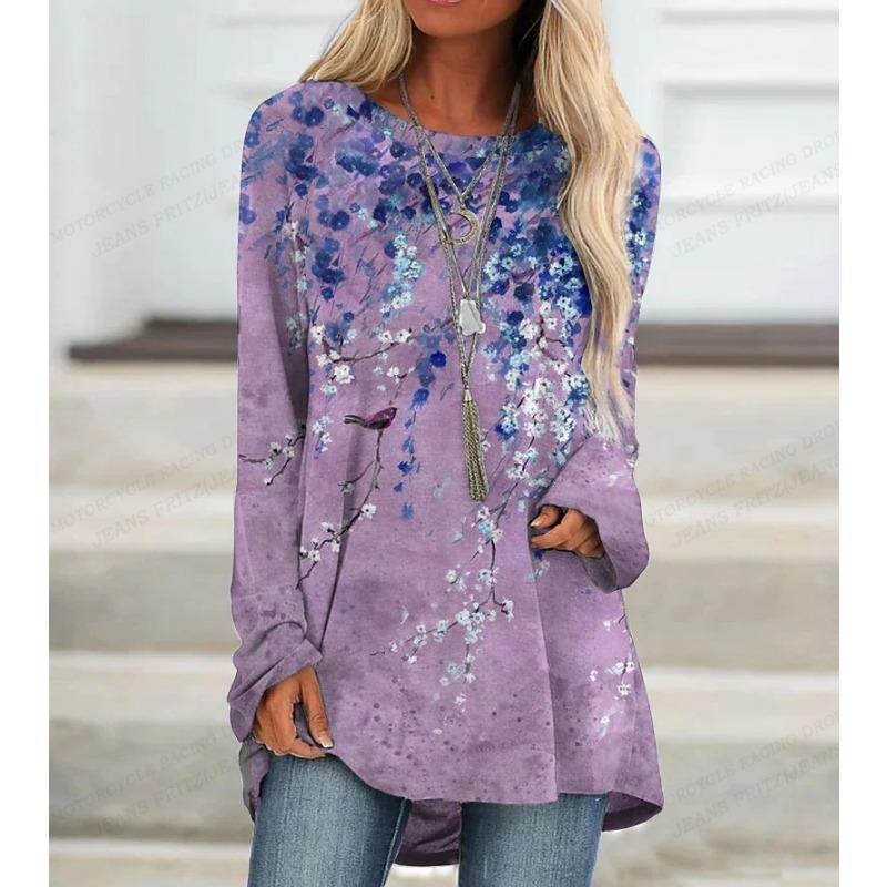 Women T-shirt Summer Floral Print  Fashion Long Sleeve Tshirt Essential Tops Tees Ladies Flower