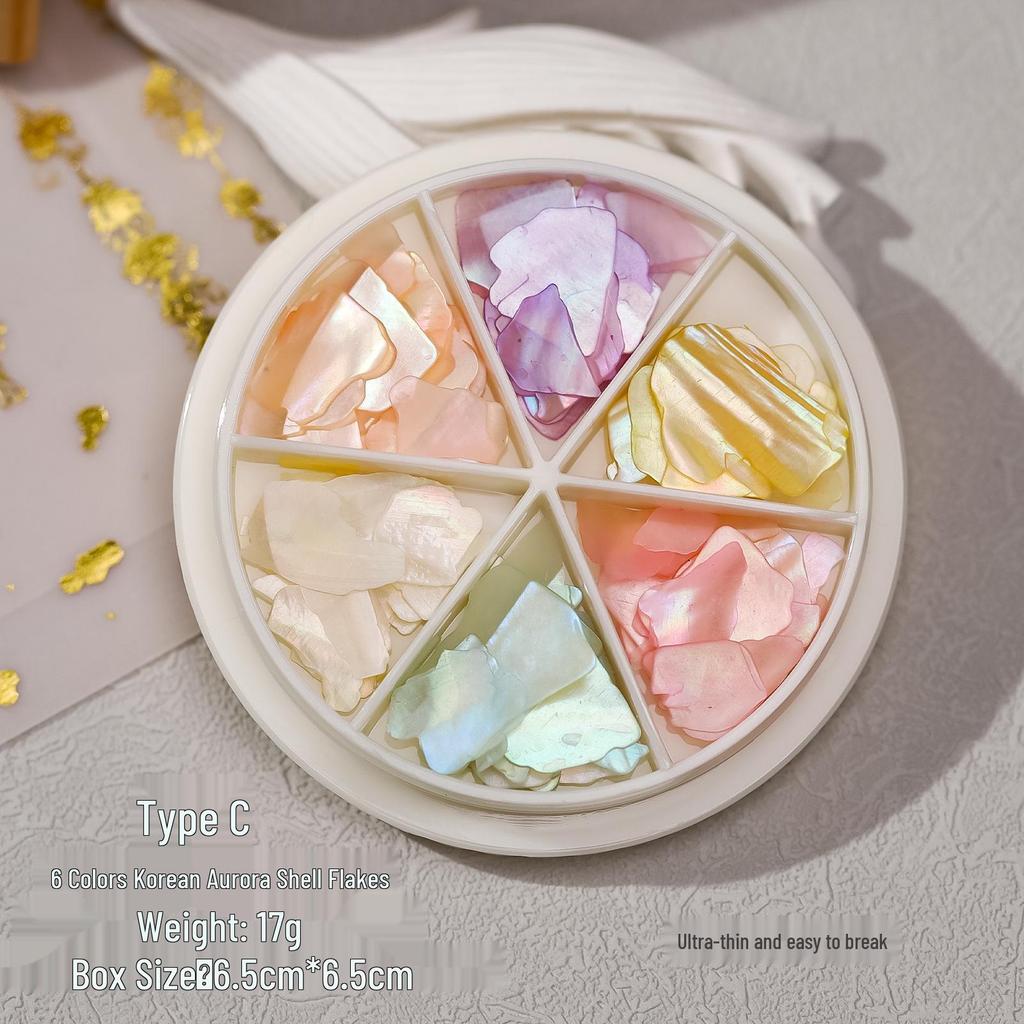 Round Box Iridescent Abalone Shell Nail Art Set - Six Colors, High-Gloss, Ultra-Thin, Irregular Fragments