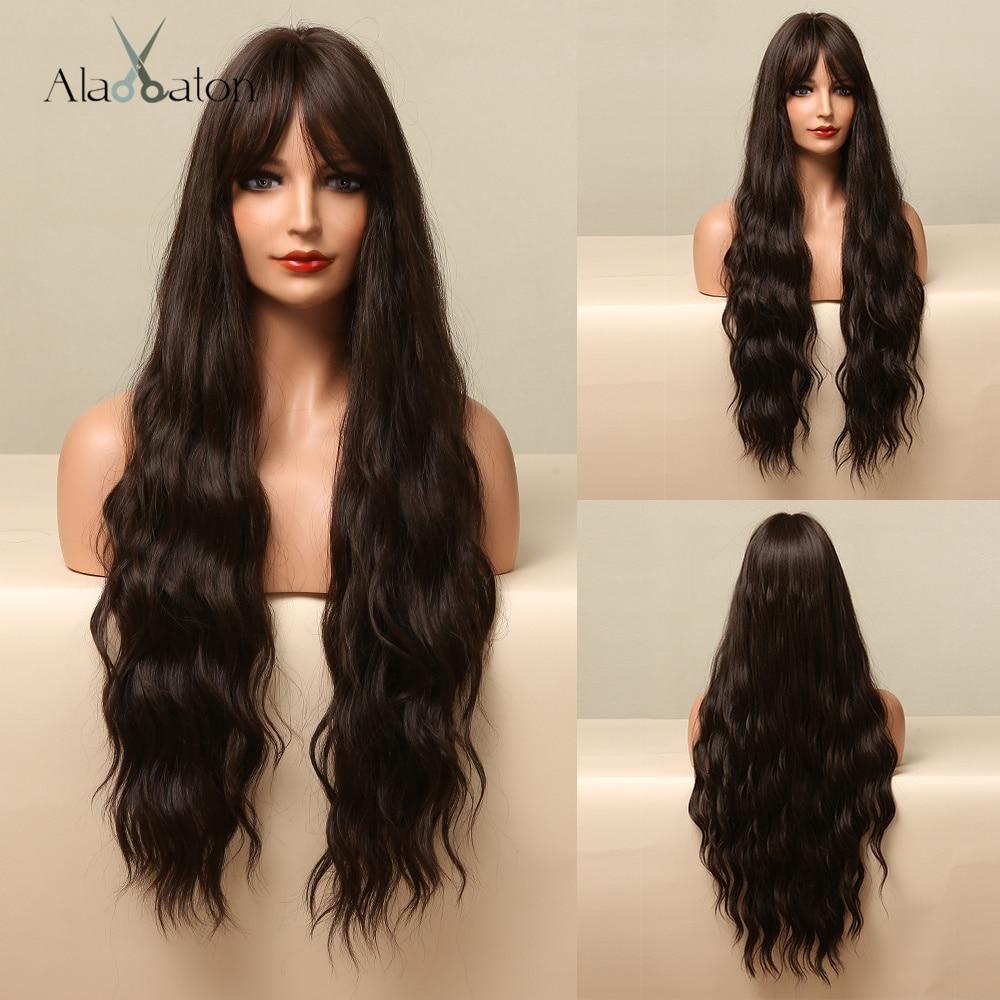 ALAN EATON Long Water Wave Ombre Dark Brown Wigs for Black Women Afro Cosplay Daily Hair Wigs with Bangs High Temperature Fiber