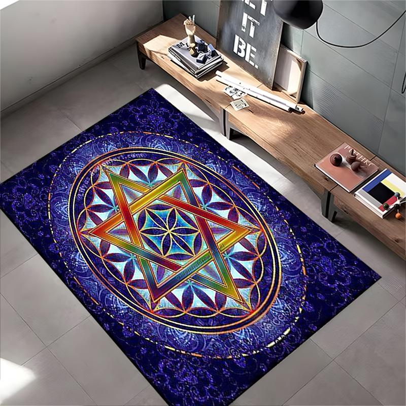 Area Rug, Star of David Flower of Life Sacred Geometry Blue Gold Rainbow Print, Meditation Room Decor, Non-Slip Mat