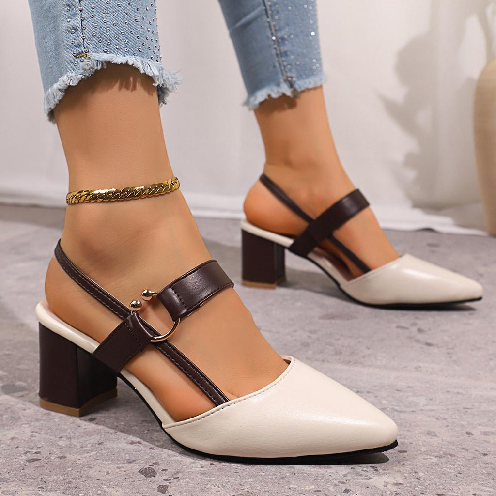Spring/Summer New Dress Shoes – Pointed Toe Chunky Heel Covered-Toe Sandals, Medium Heel One-Band Buckle Open-Back Heeled Sandals for Women