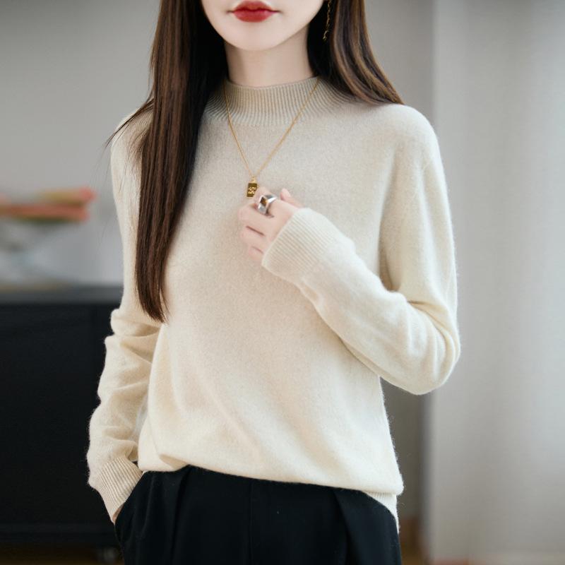 Half Turtleneck Knitted Sweater for Women In Autumn and Winter Loose Pullover Solid-color Casual Knitwear Sweater