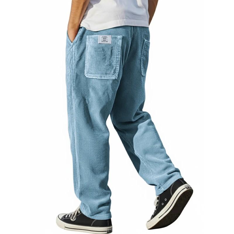 Mens Relaxed Fit Straight Leg Corduroy Pants With Embroidery Detail Casual Trousers 2026