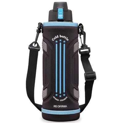 Iris Ohyama Wasserflasche, Sportflasche, 1500 ml, blau, Vakuum-Isolationsschicht hält sie kalt, für 6 Personen, Getränk direkt mit einer Hand öffnen, wird mit einem Riemen geliefert