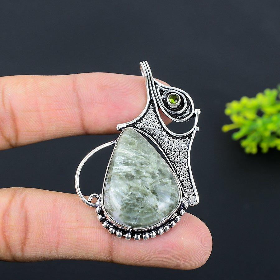 Seraphinite Gemstone Handmade 925 Sterling Silver Jewelry Pendant 2.21" W4A95