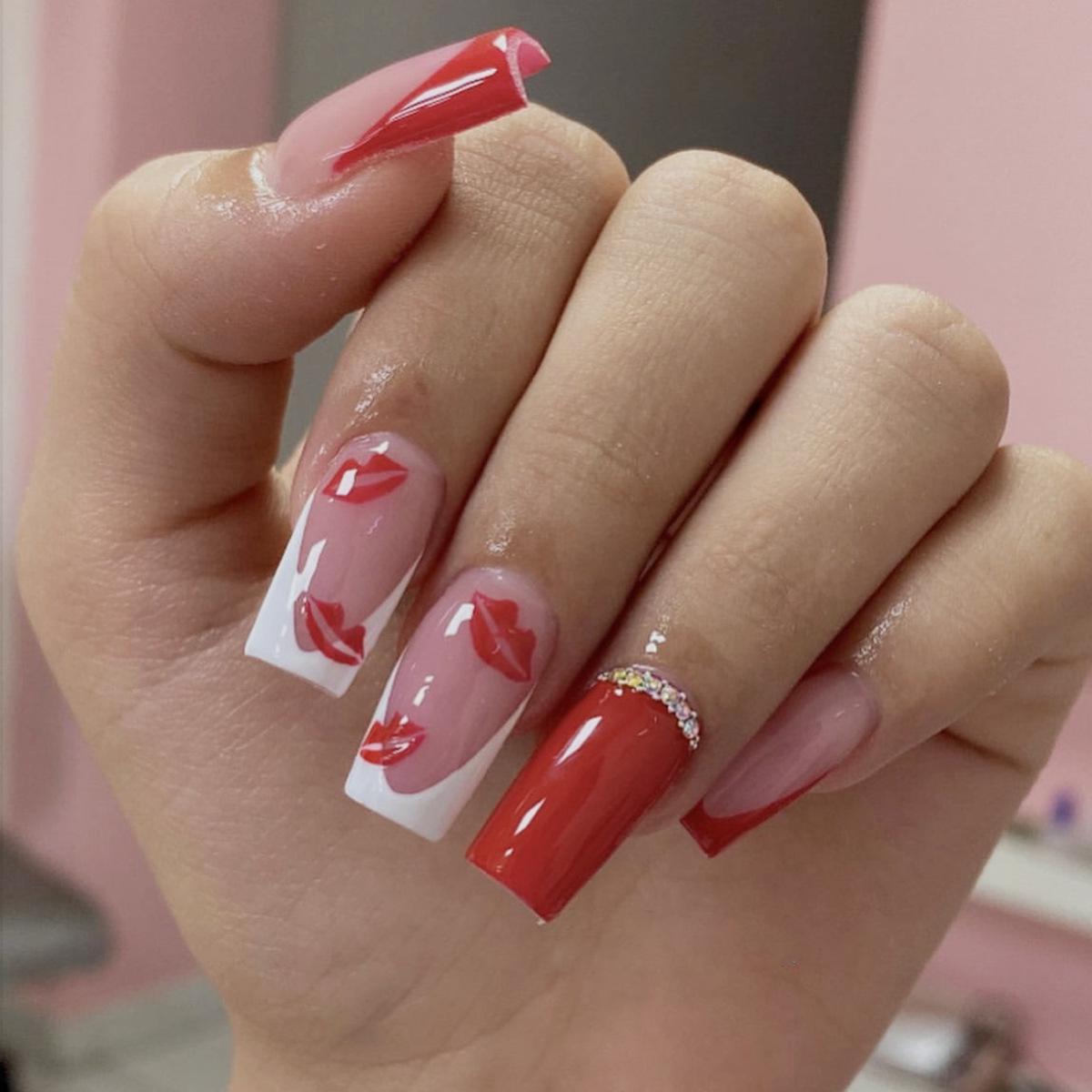 

Valentine s Day Medium Rectangle White French Nails with Red Lips & Rhinestones