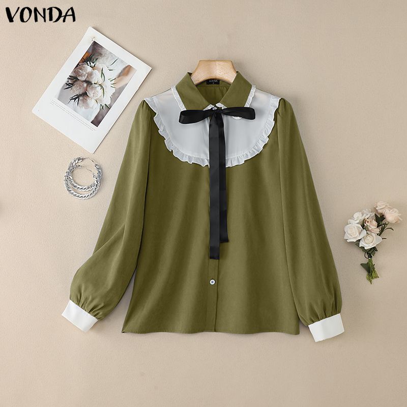 

VONDA Women Lapel Neck Bow Knot Patchwork Long Sleeve Casual Blouse 4XL армія зелений колір