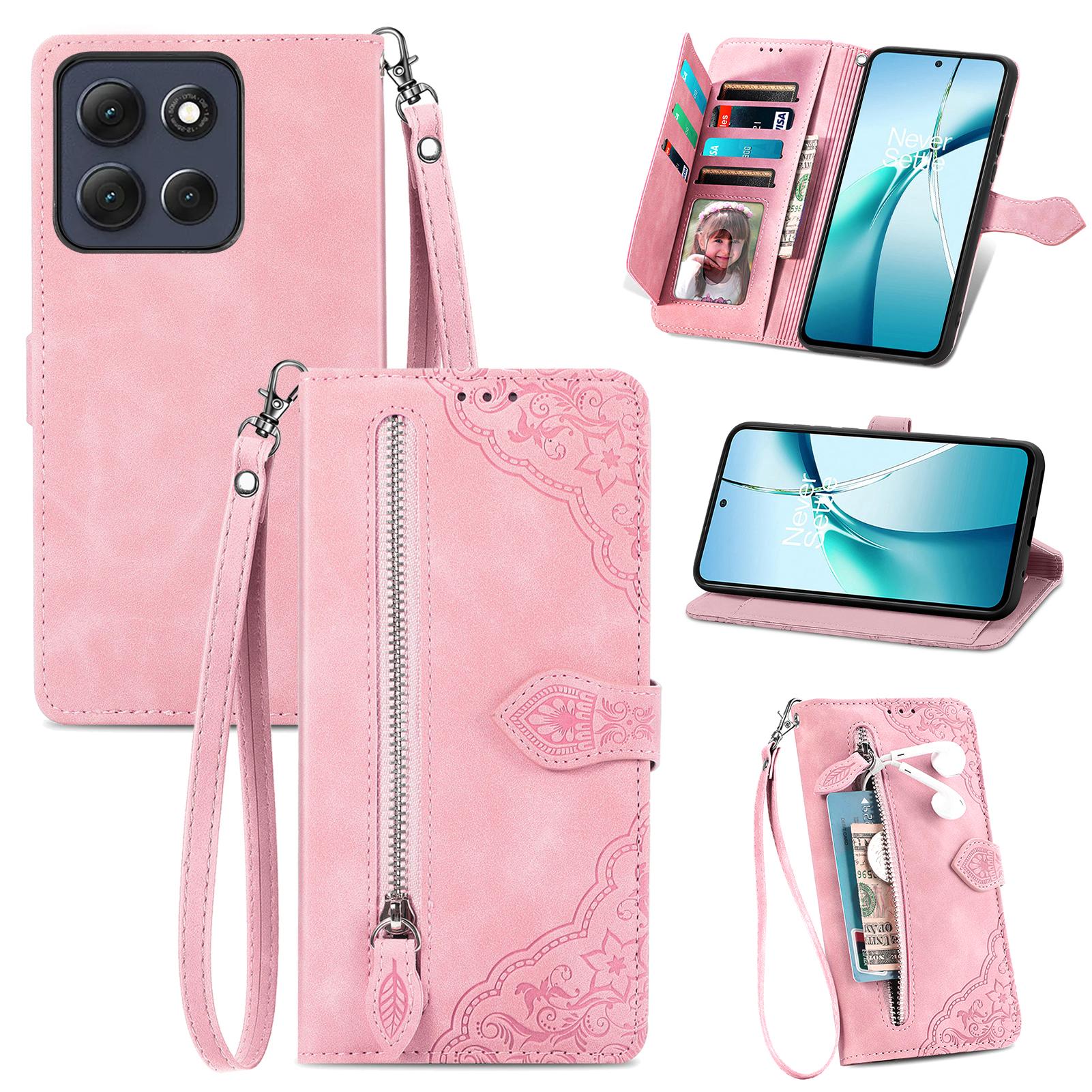 

For Motorola Moto G86 5G Zipper Wallet Case with Strap Flower Imprint PU Leather Phone Cover Pink