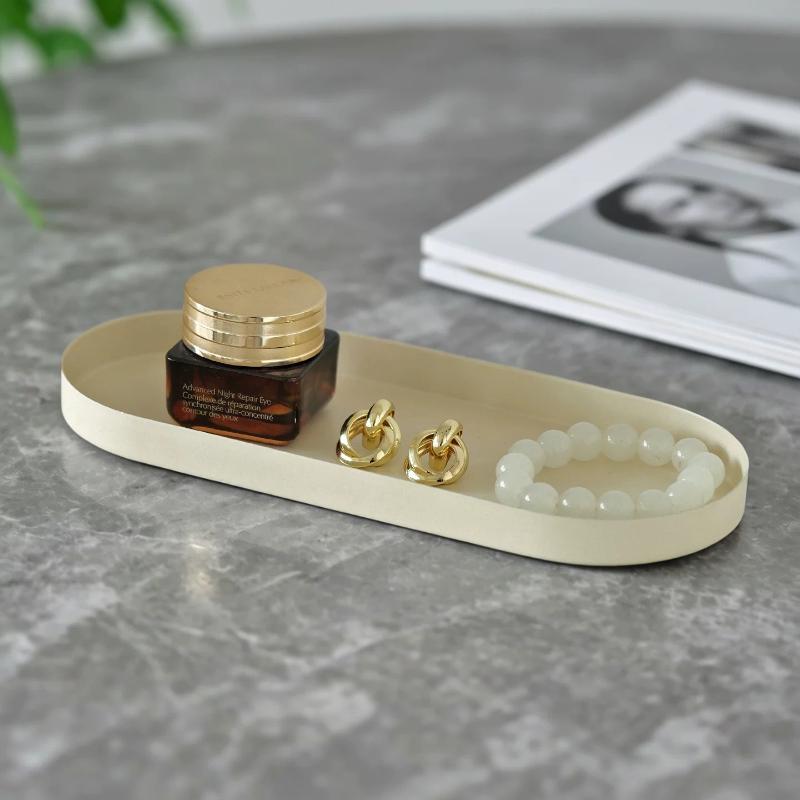 Oval Long Metal Storage Tray Matte Cream Decorative Organizer Plate for Bathroom Vanity Jewelry Cosmetic Holder