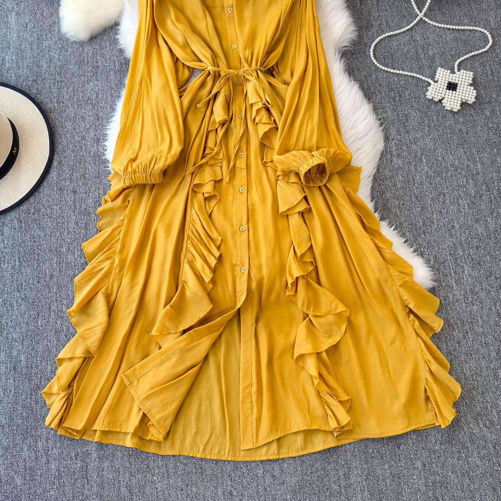 Jemný styl Temperament Bublinkové rukávy Stojáček Stahovaný pas Áčkový střih Volánový okraj Šifonové šaty Elegantní Velká kolová Dlouhé šaty