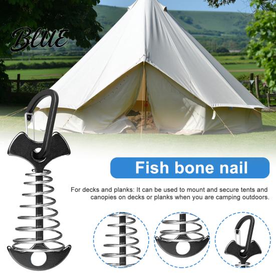 Aluminum Alloy Deck Pegs Spring-Loaded Fish Bone Tent Peg Stake with Portable Accessories Carabiner Windproof Rope Buckle for Outdoor Camping Fixing