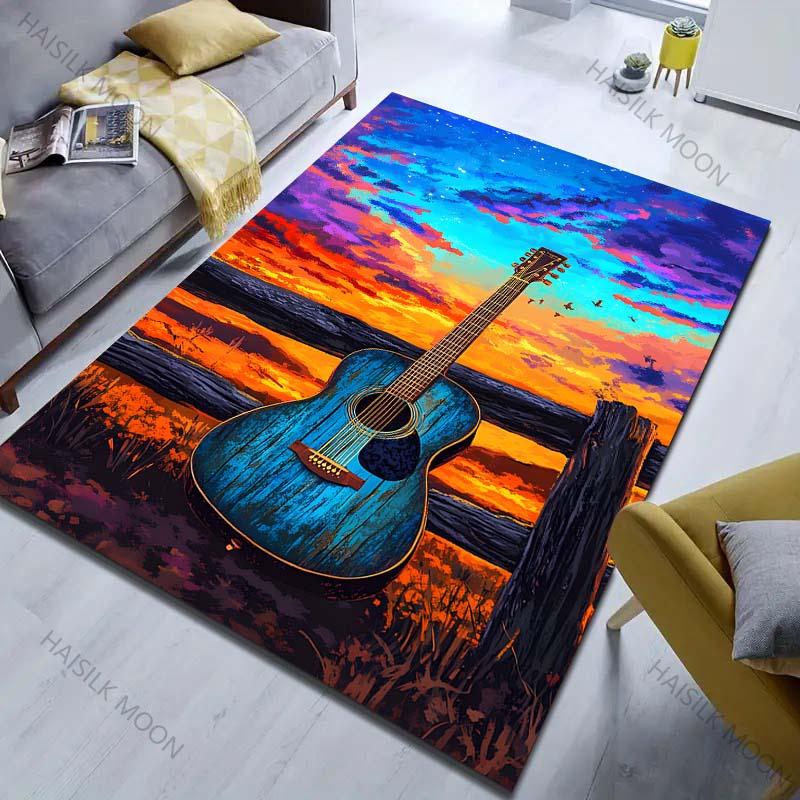 Guitar In The Sunset Print Carpet for Bedroom Living Room Bedside Sofa Floor Mat Modern Home Decor Play Area Rug Large Size