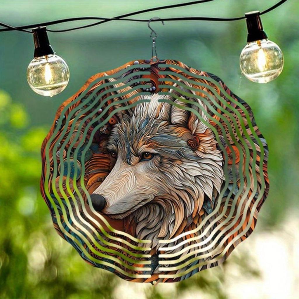 Open - 3D Mandala Wind Chime Beautiful Wolf King Pattern Dynamic Rotating Art Outdoor Decor