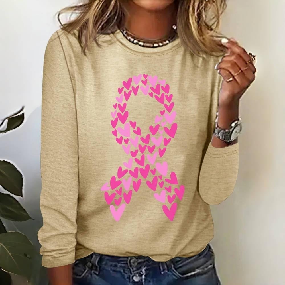 Heart Motif Pink Ribbon Print Designer Women's T-shirts Fashion Fall Cotton Long Sleeves T shirt Casual O-neck Women Clothing