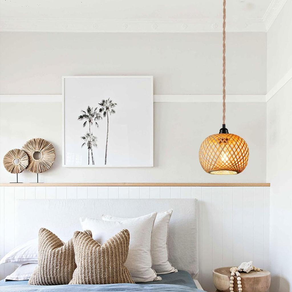 Vintage Plug in Pendant Light Wicker Rattan Hanging Lights with 15ft Hemp Rope Cord Mini Bamboo Lampshade Boho Wall Lighting Fixture Swag Lamp for