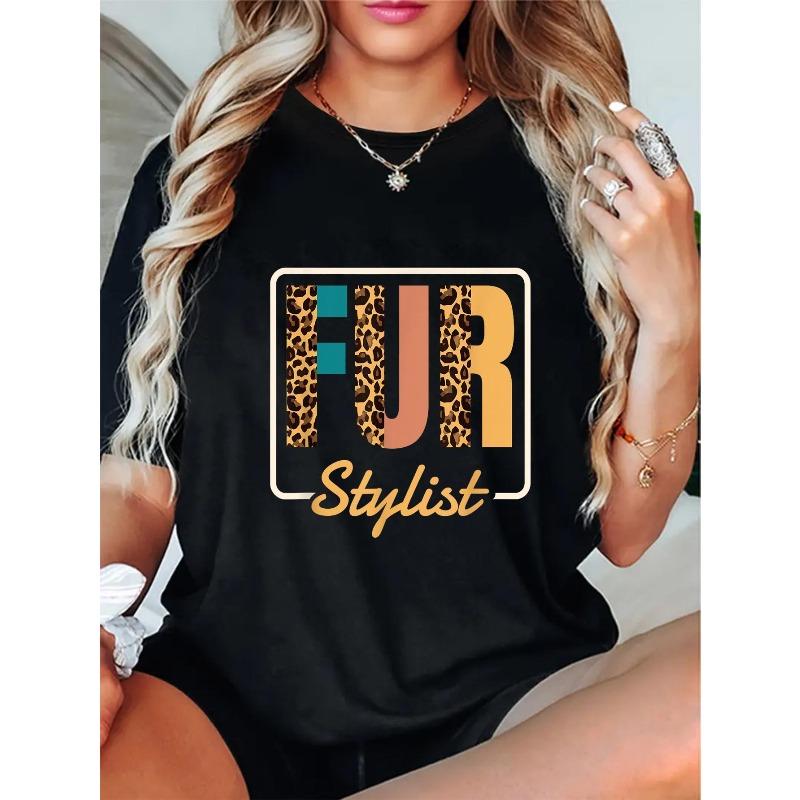 European Size Women s Vintage Fur & Leopard Print T-Shirt - FUR Stylist Graphic Tee with Golden Foil Lettering, Casual Short Sleeve Top S