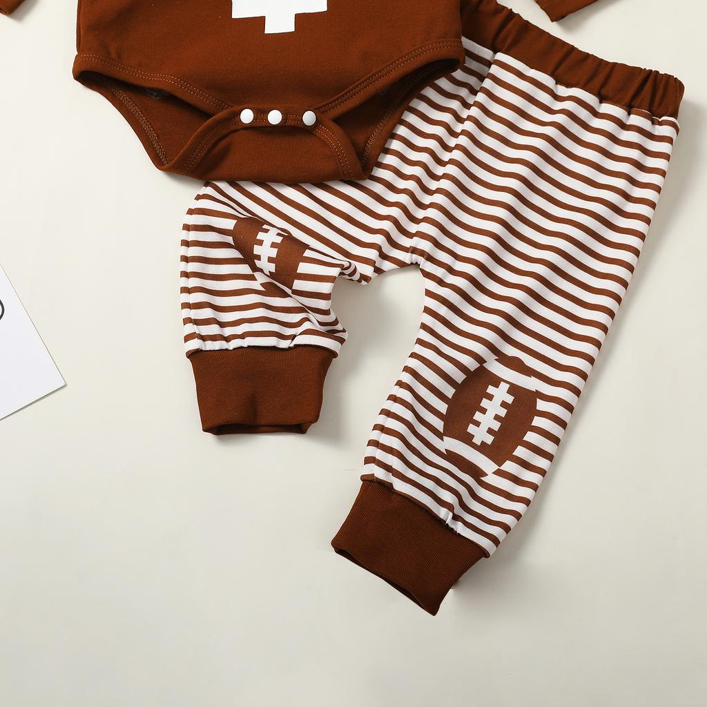 Baby Boy 3 Piece Outfit Football Print Long Sleeve Rompers and Elastic Striped Pants Beanie Hat Set Fall Spring Clothes