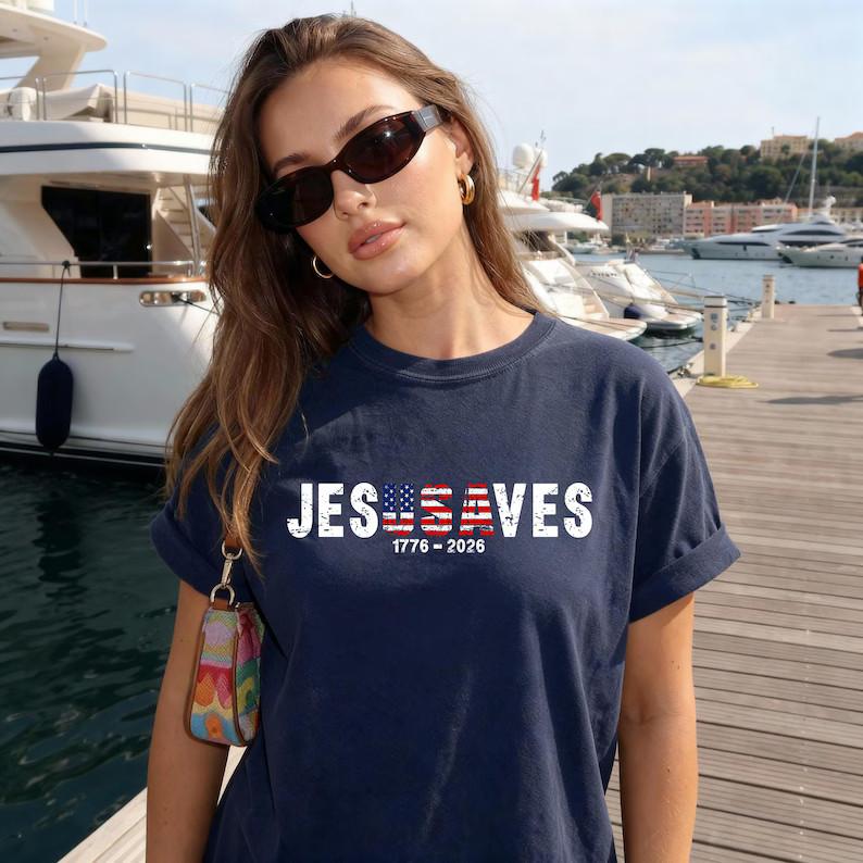 Jesus Saves Patriotic Shirt Christian Faith USA Flag Worship Tee XXL