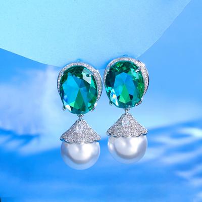 Boucles d'oreilles pendantes Aiguille Tempérament Simulation Tourmaline Paraiba Émeraude Perle Zircon Bijoux d'oreille