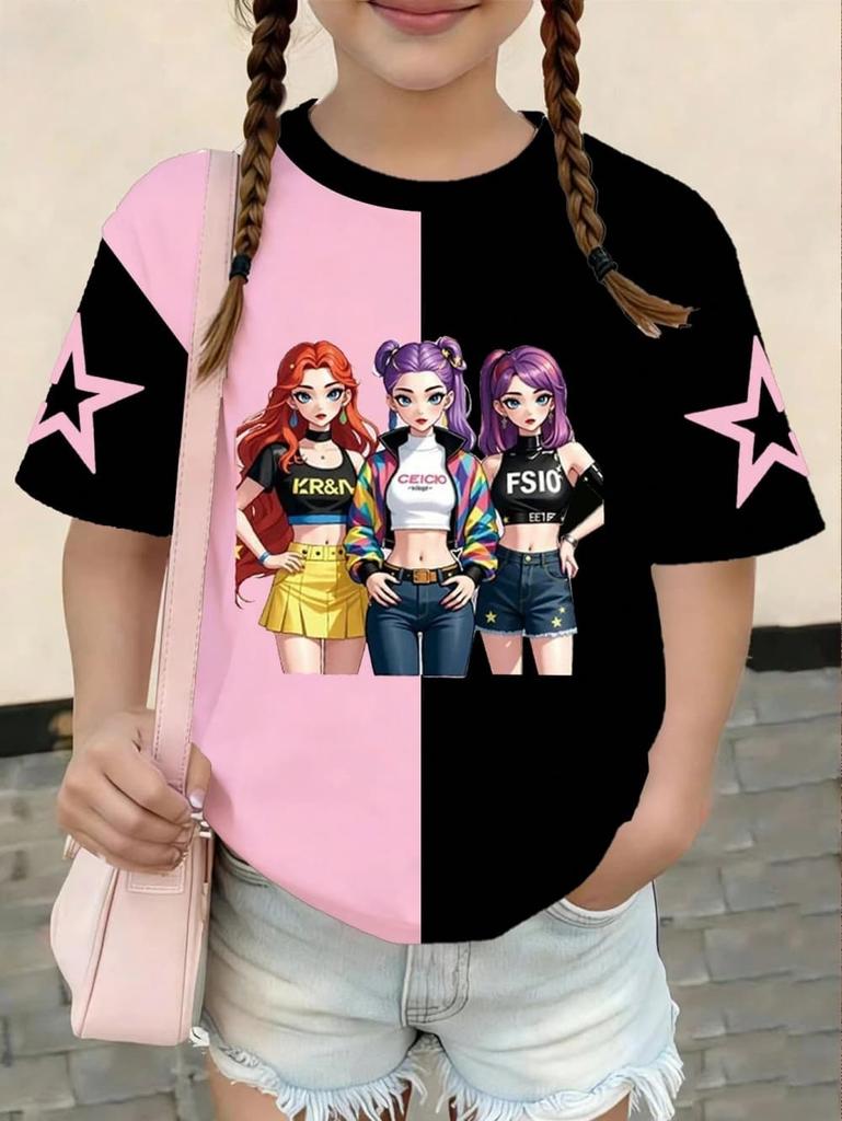 T-shirt Grafica Cartoon Kpop per Ragazze T-shirt Casual Girocollo Adatta per Ragazze Bambini Regalo Manica Corta