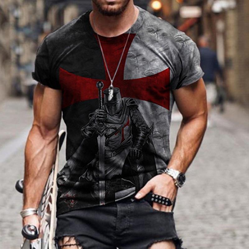 2024 Summer Retro Cross Pattern New Short Sleeved Round Neck Printed Men's T-shirt