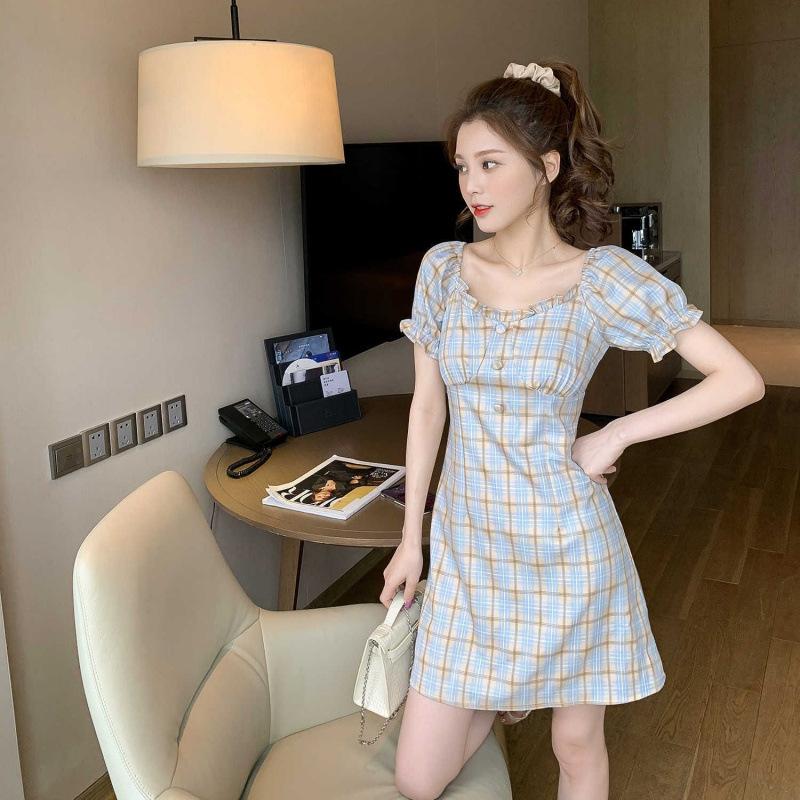 Dongdaemun summer clothing new retro one-word shoulder waist slim and thin plaid dress