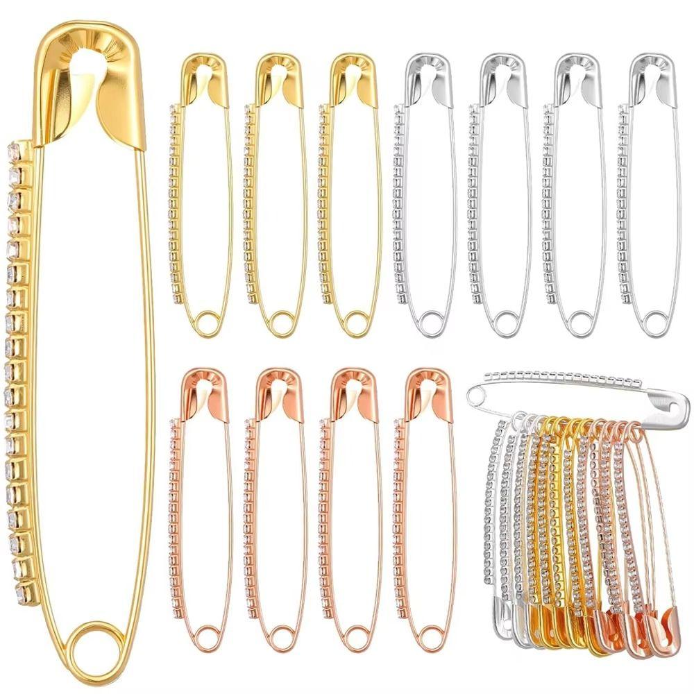 12PCS Shiny Pins Rhinestone Safety Pins Gold Rhinestone Large Brooches Pins Fancy Safety Pins  Women