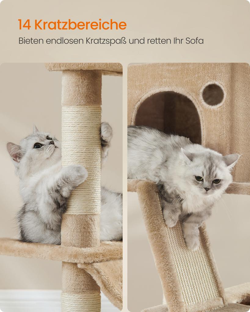 Feandrea Cat Tree, 206 cm Large Cat Tower Condo with 13 Scratching Posts, 1 Scratching Ramp, 2 Perches, 2 Caves, Basket, Hammock, Pompoms, Camel Brown
