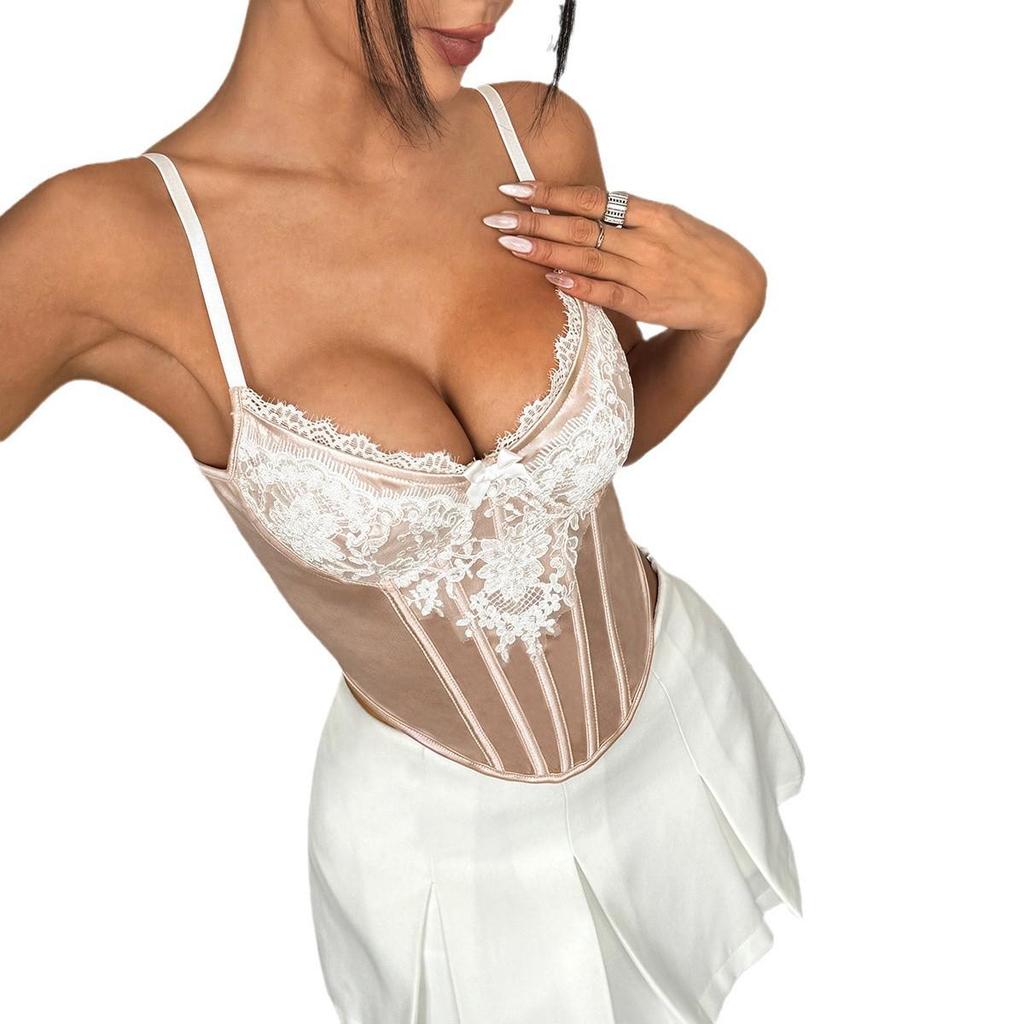 Lace Embroidery Splice Satin Fishbone Diamond Underwire Vest 70369