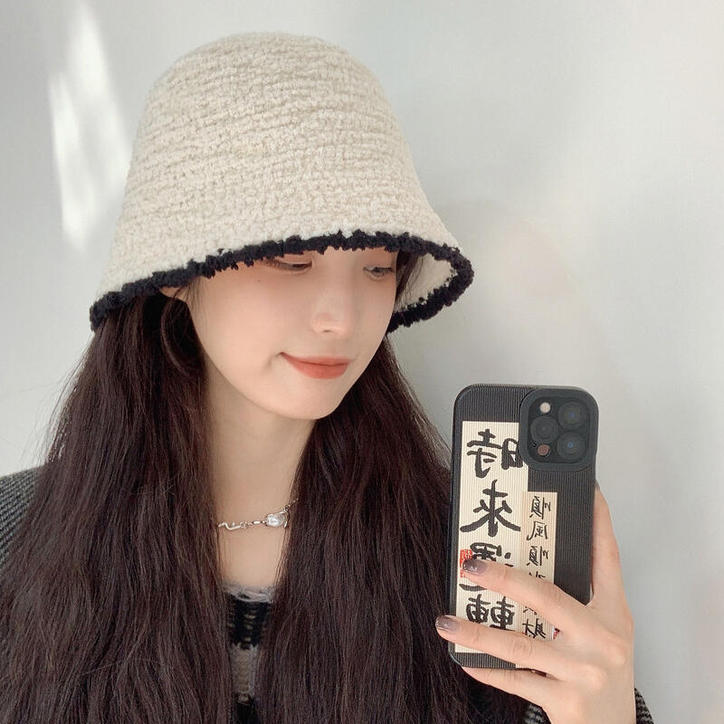 Women s Color Block Bucket Hat Winter Fleece Knit Beanie BUCKET19_Ivory