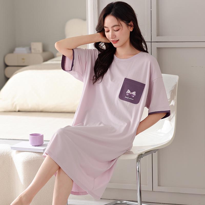 Women's Pure Cotton Loose Mid-Length Nightgown with Bra Pads – Comfortable Anti-Exposure Pajamas for Spring, Suitable for Home or Outdoor Wear.