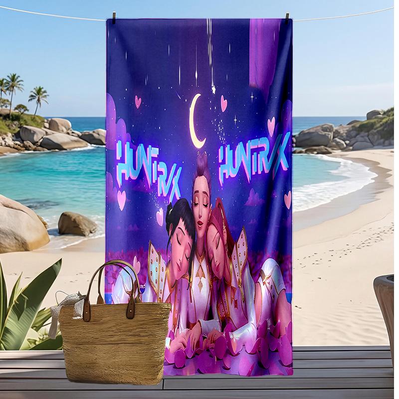 Kpop Demon Hunters Printed Beach Towel, Large Absorbent Quick Dry Towel for Summer Outdoor Swimming