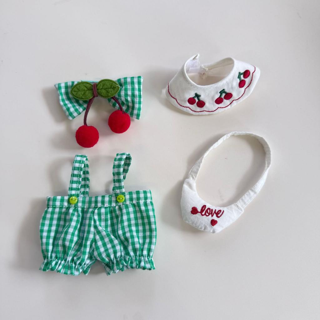 Labubu Clothes 15/17cm V1/2/3 Doll Cherry Themed Rompers Headwear Scarf Bag 4PCS/Pack Plush Cotton Doll Decoration Accessory