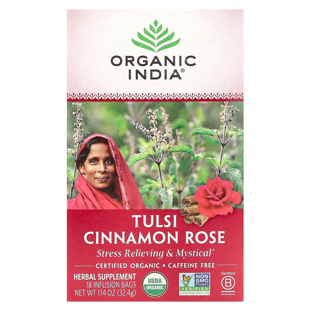 Organic India Tulsi Cinnamon Rose Caffeine-Free Tea, 18 Tea Bags, 32.4g (1.14oz)