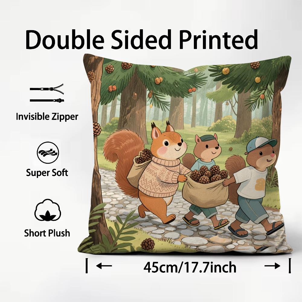 Cute Squirrel Cushion Cover Comfortable Reversible Pillow Cover Ideal for Car Sofa Bedroom & Beyond